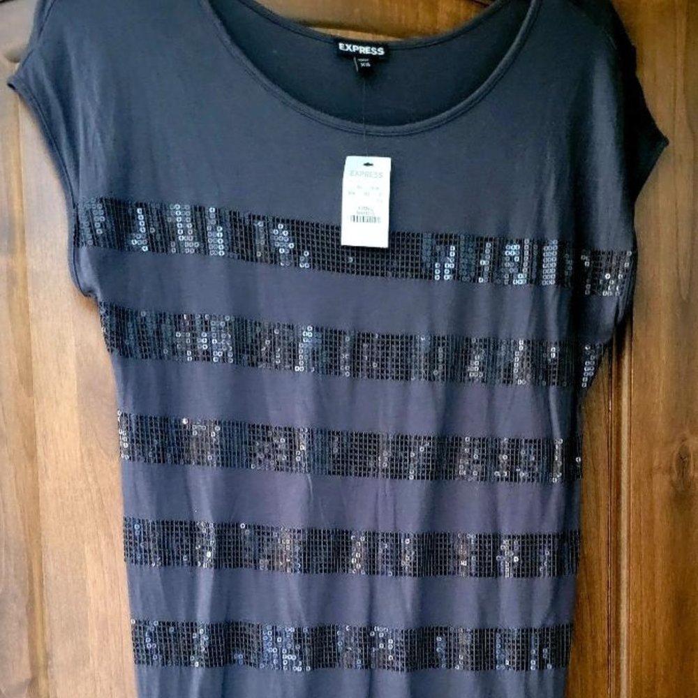 Express Gray and Sequin Striped Dress